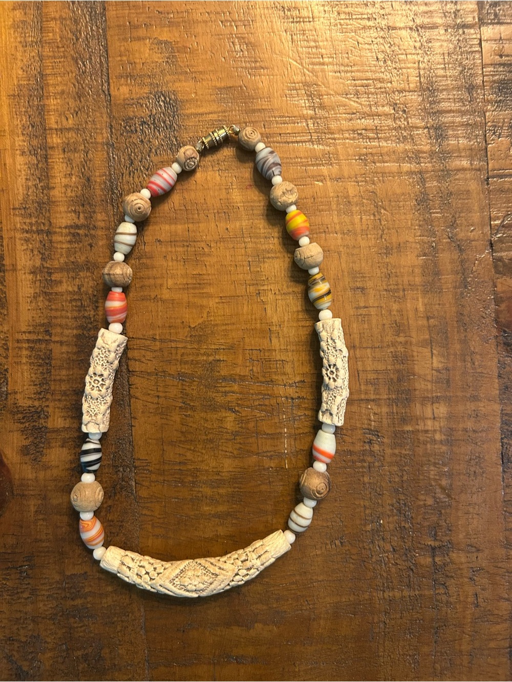 Boho Carved Bone and Multicolor Bead Necklace